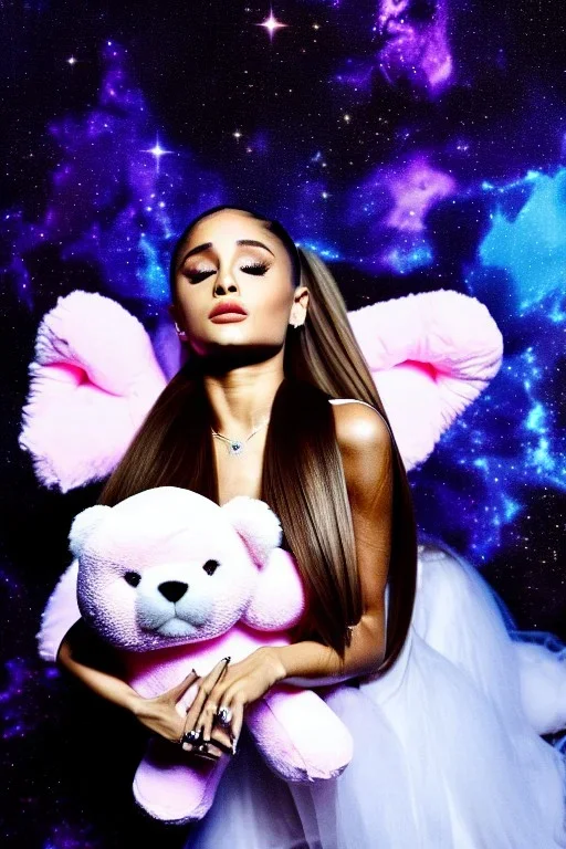 Ariana Grande floating in space with fluffy teddy bears high quality high detail high contrast