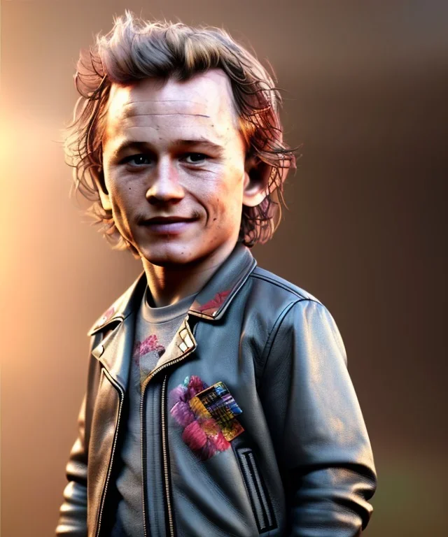 Heath ledger toddler, full body, leather jacket, floral shirt, soft skin, dramatic lighting, hyper realistic