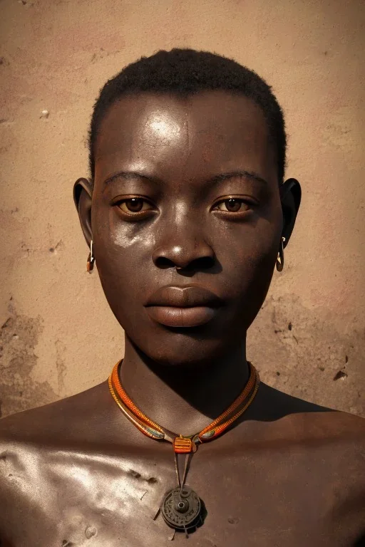 african portrait in rusted clocks, rust, scaffolding, perfect face, high detail