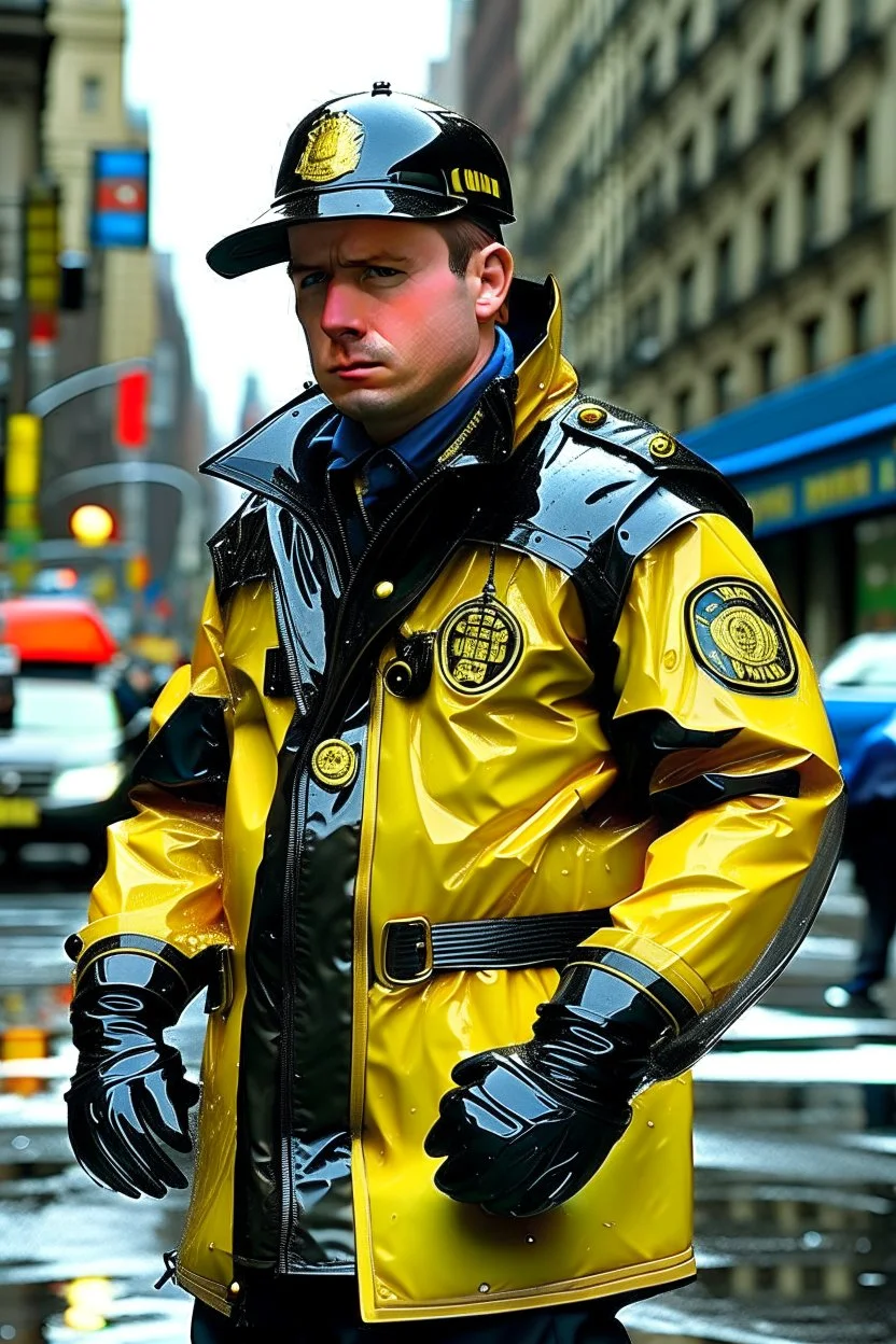 vintage retro nypd full body color policeman wtih exosquelette heavy yellow rain transparent coat