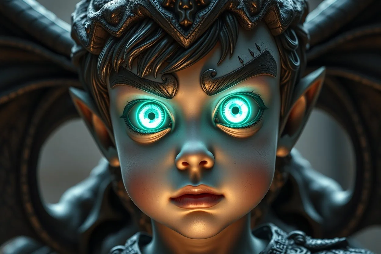 Grima and Grimas son as a child with semi transparent hypnotic kind eyes in front of statue of himself