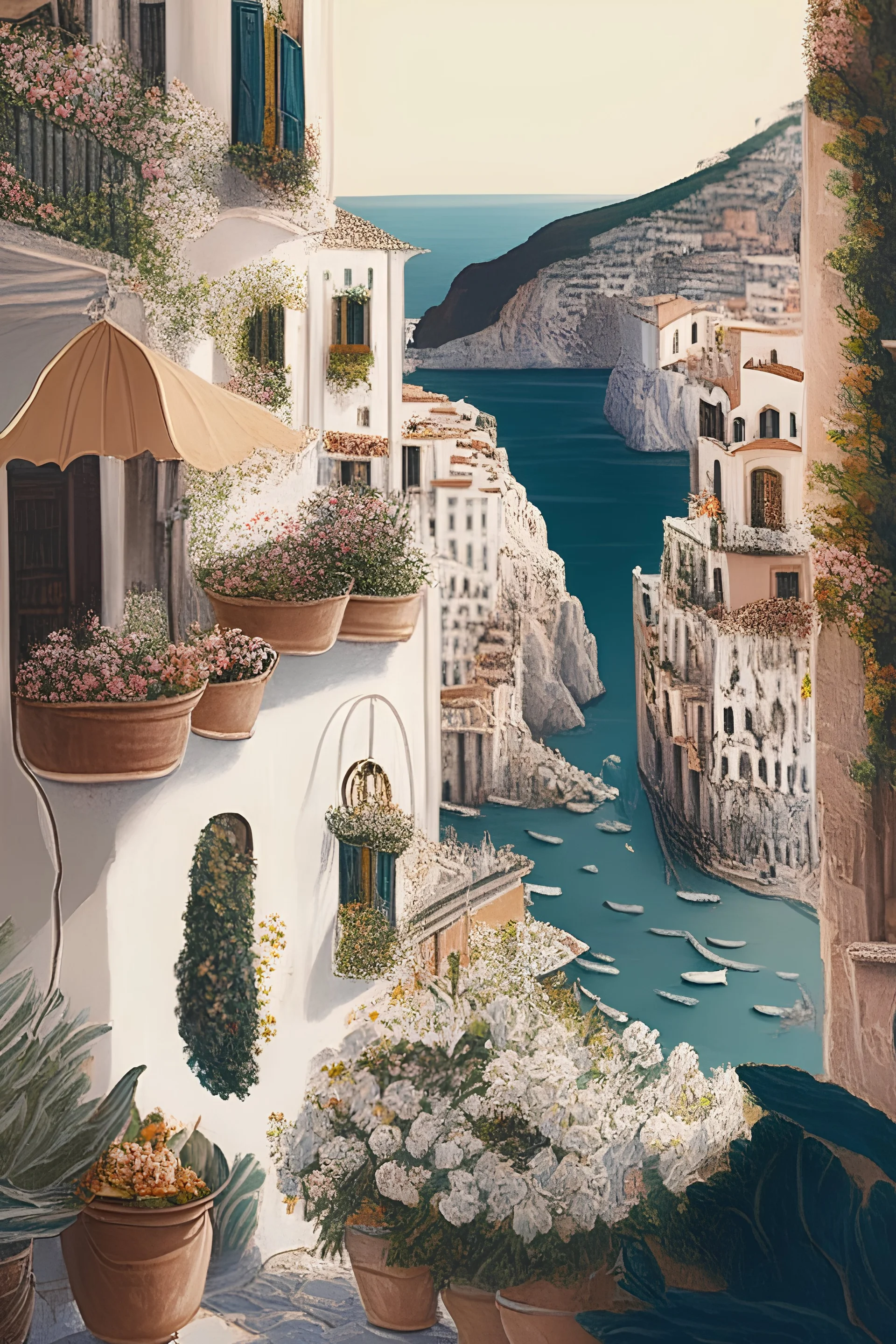 illustrated, romantic, Positano, vacation, Italy