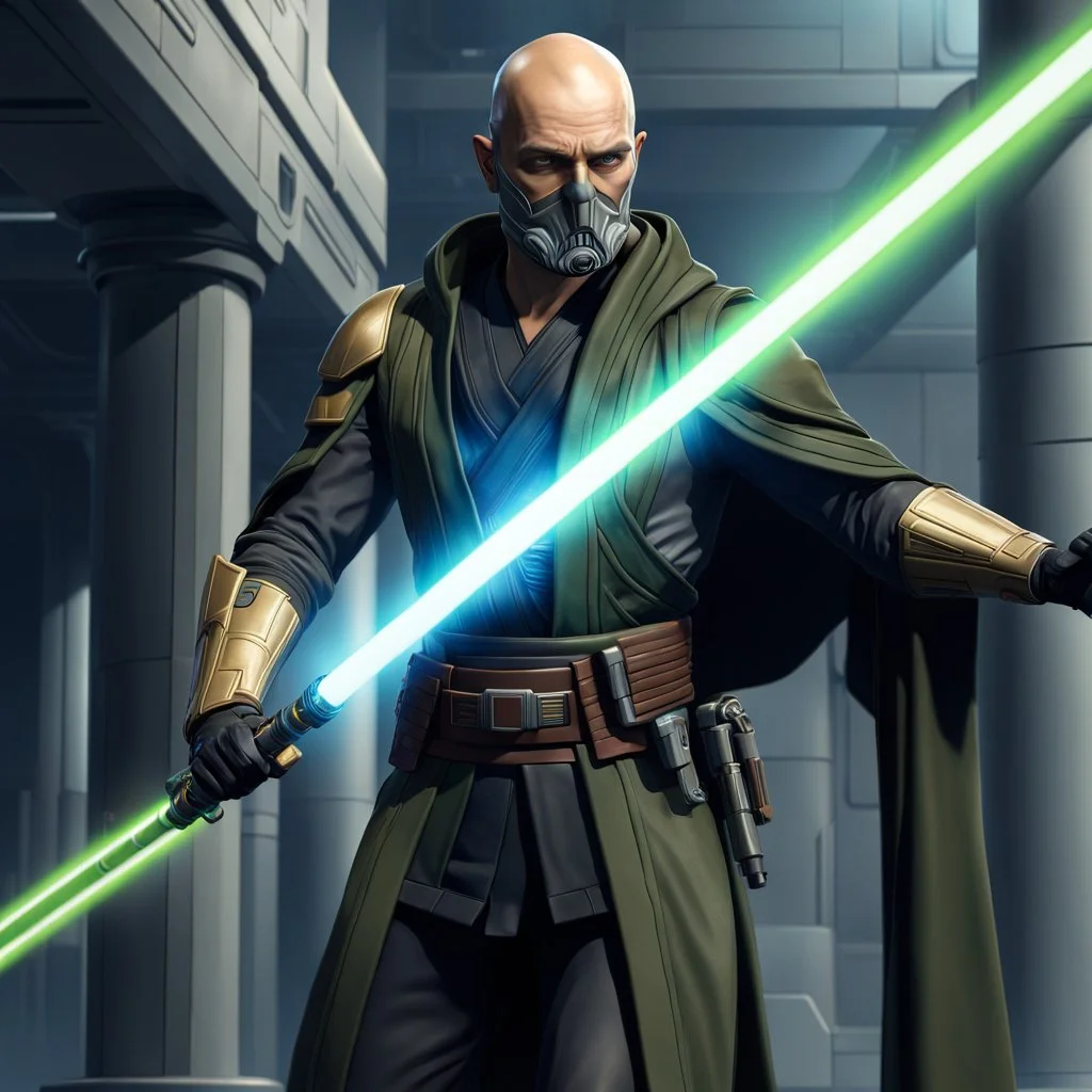 star wars bald male corellian jedi pilot wearing black and olive drab old republic armored flightsuit with gold trim inside the jedi temple holding a lightsaber with viridian green blade in left hand, centered head and shoulders portrait, hyperdetailed, dynamic lighting, hyperdetailed background, 8k resolution, volumetric lighting, light skin, fully symmetric details