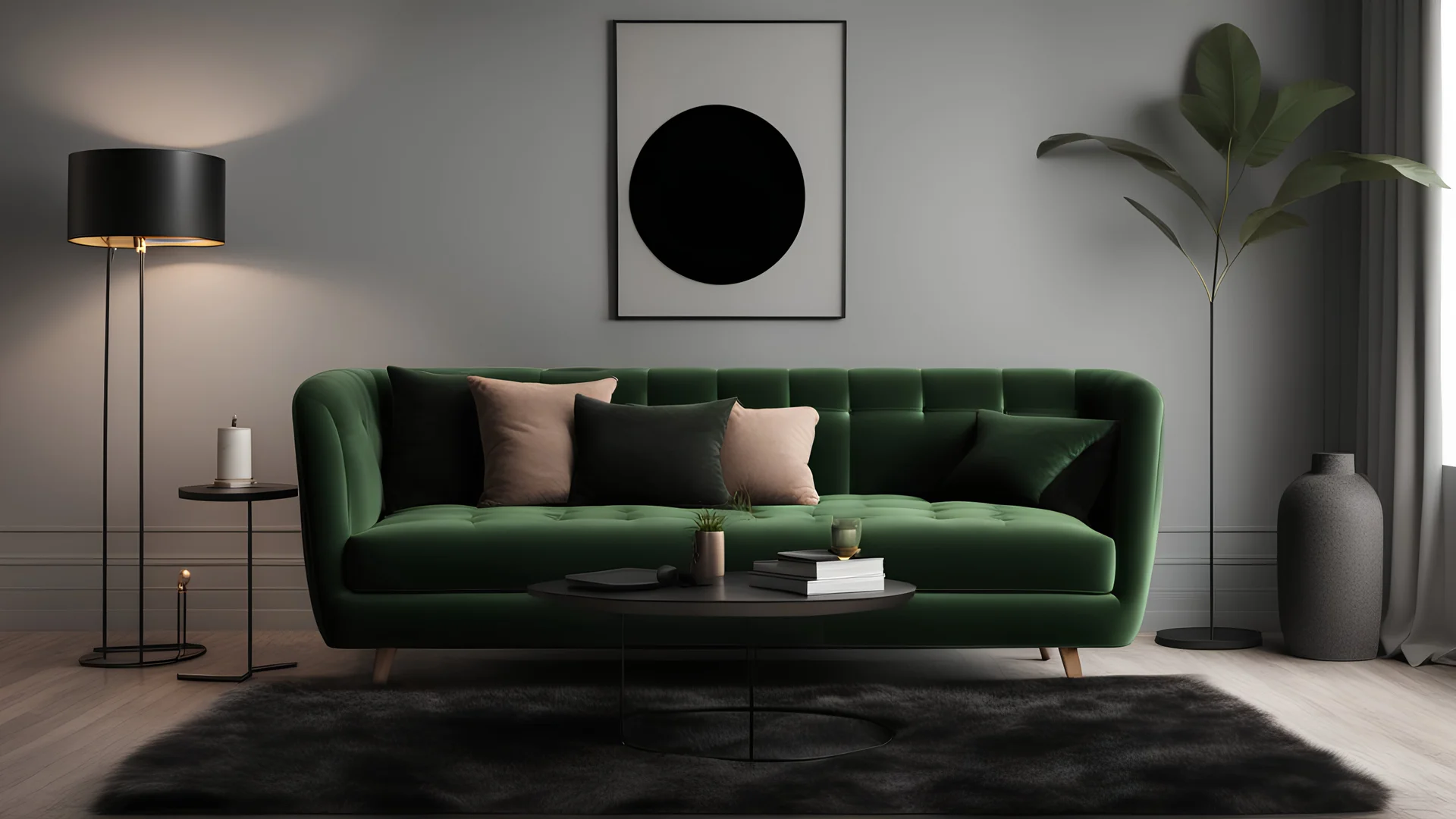 Black interior with green velour sofa, table, fur carpet and decor. 3d render illustration mock up.