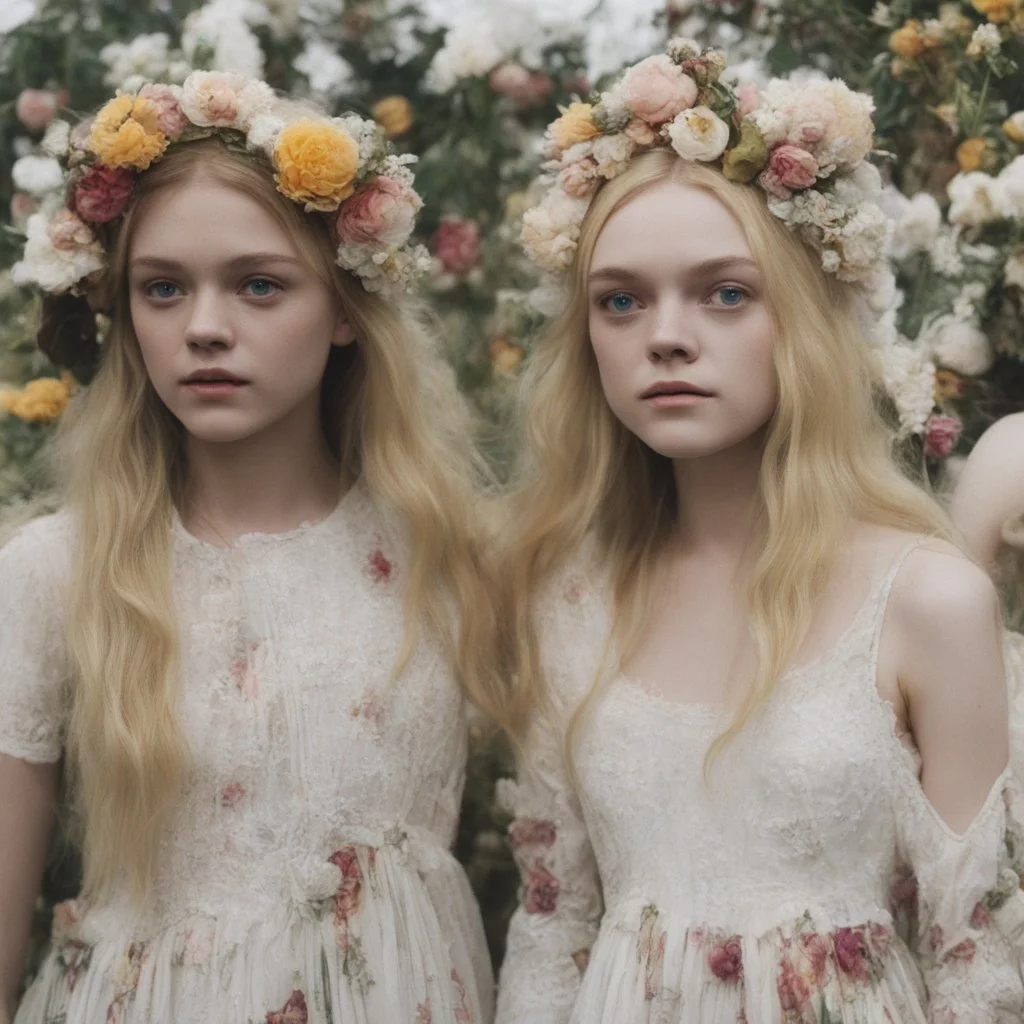 Elle fanning and dakota fanning as flowers, white, 1970s, hippies