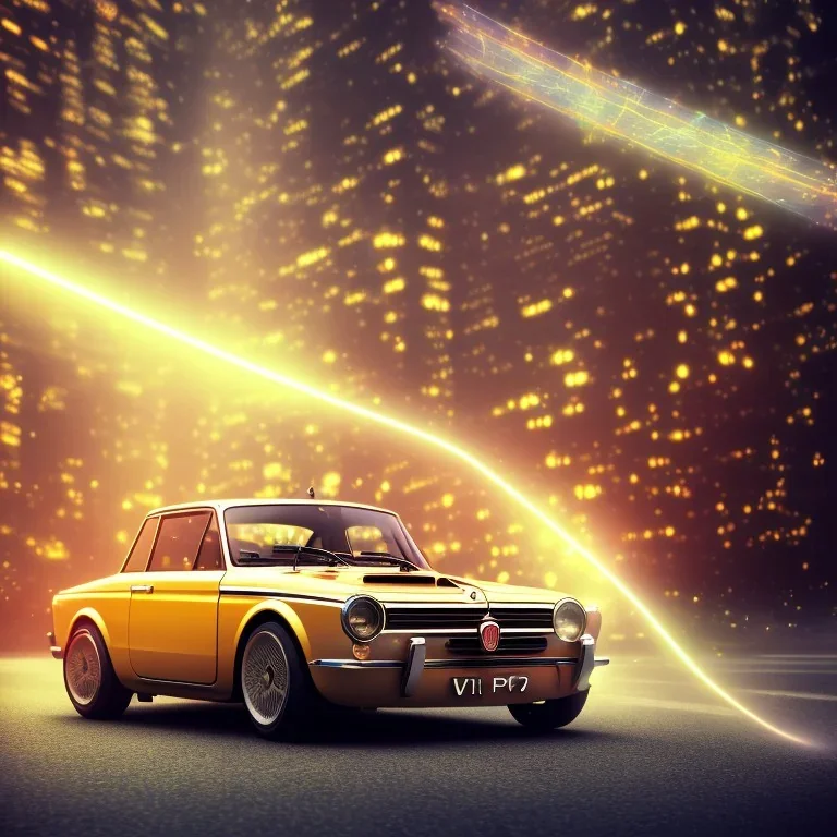 fiat 125p, city. high speed. bokeh. lens flare. warm lights. high detailed