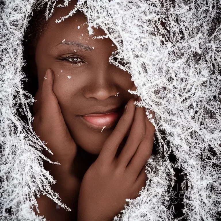 wonderfull african woman, curves, platinum long hair, hair covering one eye, ultradetailed fine art photo of a african , weet face portrait, snow flakes particles, 35 mm