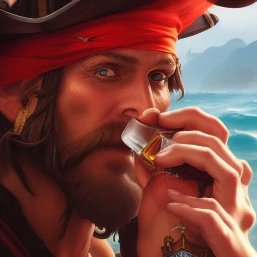 close up of an old pirate drinking rum, deep focus, d & d, fantasy, intricate, elegant, highly detailed, hyperphotography, artstation, concept art, matte, sharp focus, illustration, hearthstone, art by artgerm and greg rutkowski and alphonse mucha centered.