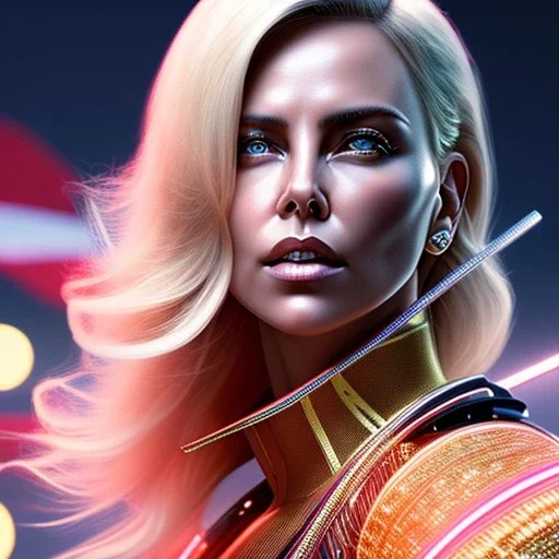 Charlize Theron, Cyborg anime samurai, cyberpunk, white skin, light blonde hair, geisha hairstyle, cobalt eyes, waist up portrait, 8k resolution, retroanime, intricate details, neon details, soft lighting, vibrant colors, masterpiece, intricate eyeliner, dark eyeshadow, eyes, intricate tattoos, gradient background