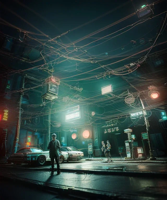 Ultra realistic photographic night portrait, cinematic, <Asian woman><big cyber eye>::<Asian doctor old man><hanging wires> <retro computer> <cyberpunk> <many wires><perfect pupil> <cyborg arm> <garage> <wide angle Shot> <sci-fi futuristic> <thriller>, color fog, soft color, highly detailed, unreal engine 5, ray tracing, RTX, lumen lighting, ultra detail, volumetric lighting, high definition.