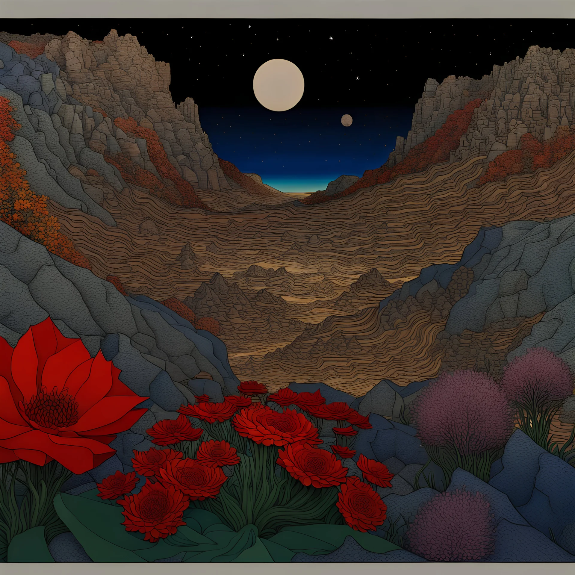 Colourful, scifi, night sky filled with galaxies and stars, Egon Schiele, Max Ernst, rock formations, flowers, one-line drawing, sharp focus, 8k, deep 3d field, intricate, ornate