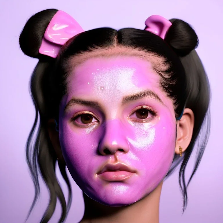 perfect symmetry,Rosalía artist, porcelain material skin mask on face, pink eyeliner, pigtails hair, gold, pink, geisha, led lights, fog, rain, latex, vibrant color, highly detailed, art stations, concept art, smooth, unreal engine 5, god rays, ray tracing, RTX, lumen lighting, ultra detail, volumetric lighting, 3d, finely drawn, high definition, high resolution.