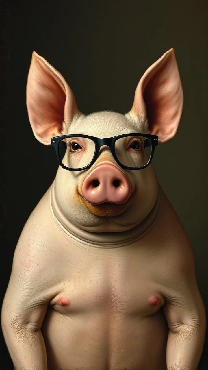 Hieronymus Bosch style , a pig with eyeglasses head in a body of a