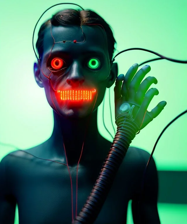 Ultra realistic photographic night portrait, cinematic, brunette woman, <hanging wires> <retro monitor> many wires coming out of the head <perfect pupil> <cyborg arm> <garage> <wide angle Shot> <sci-fi futuristic> <thriller>, led lights, color fog, soft color, highly detailed, unreal engine 5, ray tracing, RTX, lumen lighting, ultra detail, volumetric lighting, high definition.