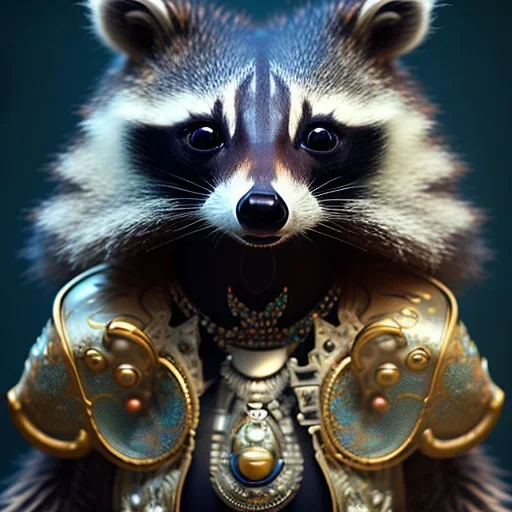 portrait of a female anthropomorphic raccoon with tribal and metallic jewelry. character design by cory loftis, fenghua zhong, ryohei hase, ismail inceoglu and ruan jia. unreal engine 5, artistic lighting, highly detailed, photorealistic, fantasy