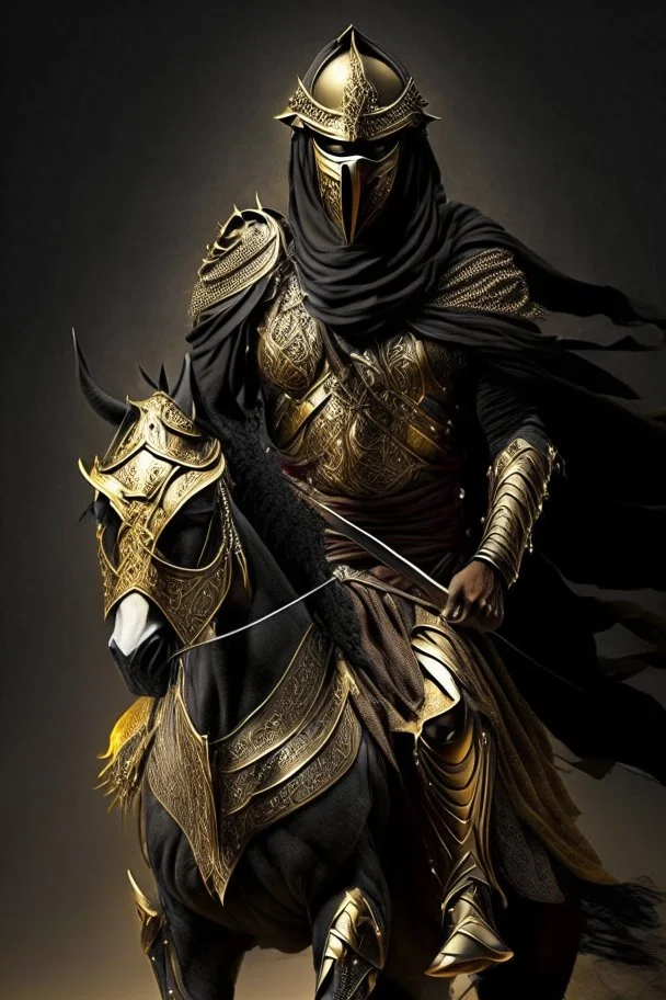 Arab warrior Full Body Full Armored Wearing Face Mask Iron Masculine Mysterious Powerful Fantasy High Quality Carrying his bow Golden clothes His horse behind him