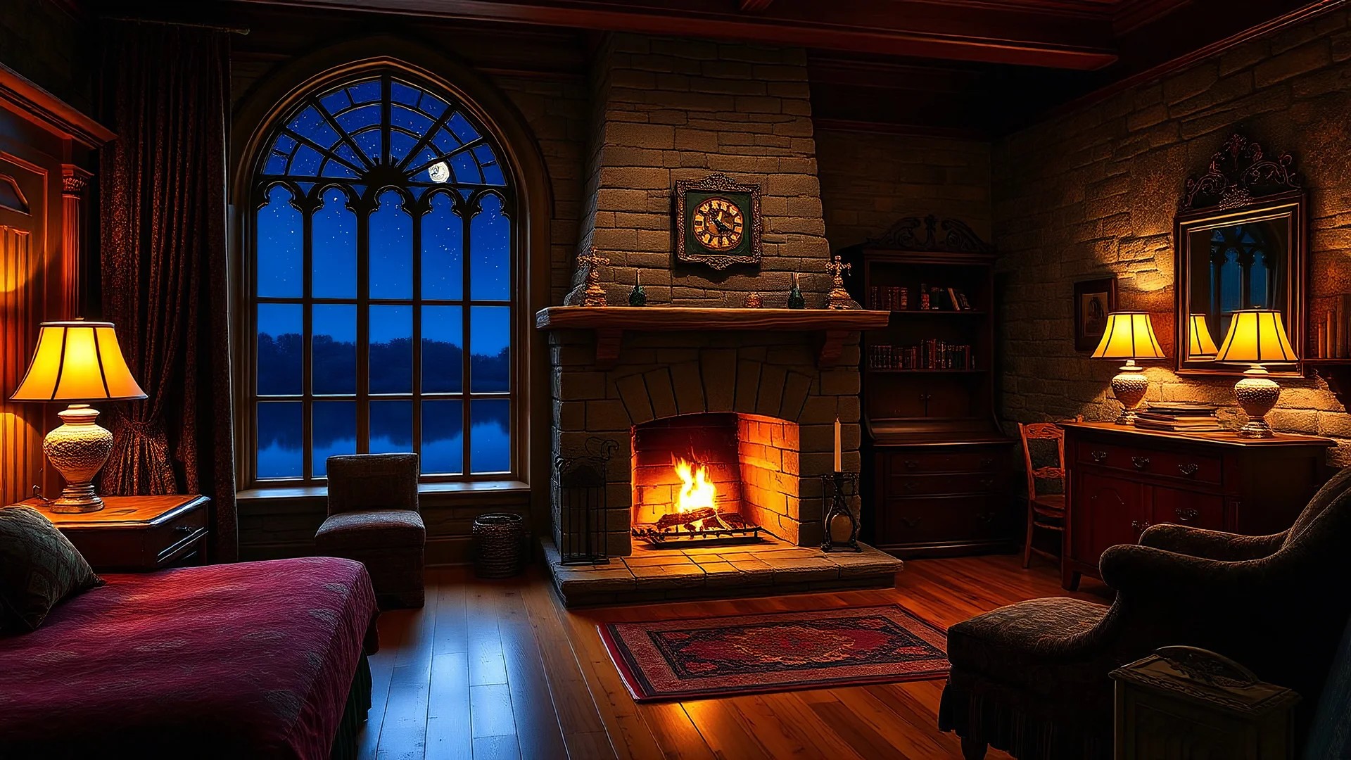 A beautiful and cozy bedroom in a luxury English Cottage, with Oak wood furniture and rich tapestries. In the center of the room, a stone fireplace casts a warm glow, with flames gently dancing as the fire crackles. Through the arched glass windows, the night is very dark, and stars and moon illuminate the scene in the darkness. The castle's stone walls and polished wooden floor add a sense of solidity and shelter, creating a serene and peaceful atmosphere. Superb award-winning colour photo