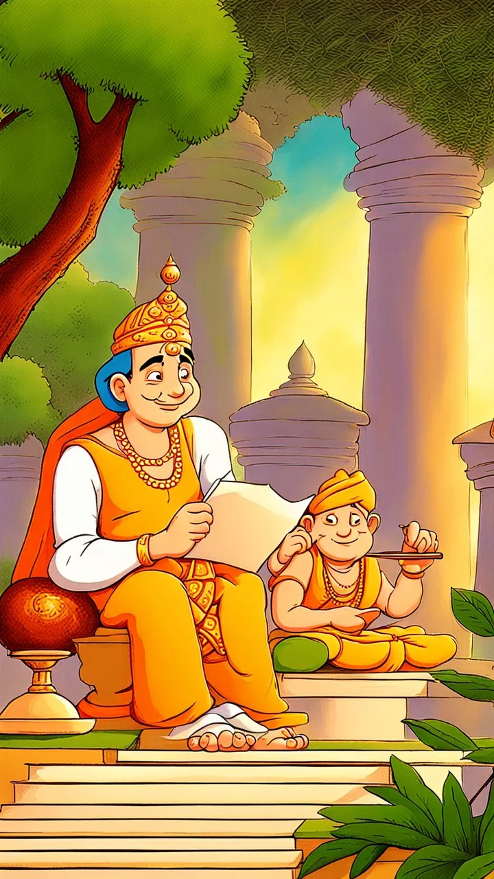 King stroll in the garden. There he saw Tenali Raman writing down something on a paper. The King went up to him and asked what he was writing.