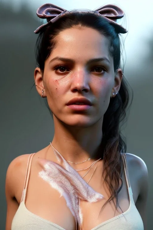 Ultra Realistic image, Rosalía artist, natural body ,portrait, normal complexion body, portrait, clean skin, two bows, torn t-shirt, fog, vibrant color, highly detailed, art stations, concept art, smooth, unreal engine 5, god rays, ray tracing, RTX, lumen lighting, ultra detail, volumetric lighting, 3d.