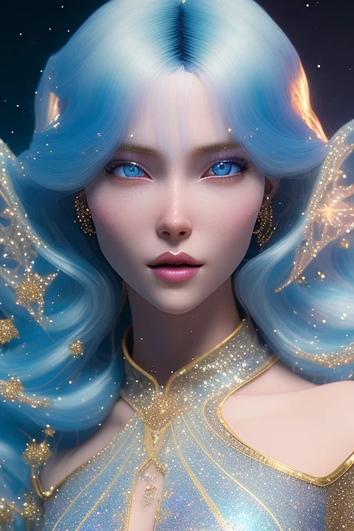 woman glitter blue fairy in a galactic ambiance, long blue hair, detailed gorgeous smile, delicate colors in the foreground, full of details, smooth, light effect，vaporwave colorful, smooth, extremely sharp detail, finely tuned detail, ultra high definition, 8 k, unreal engine 5, ultra sharp