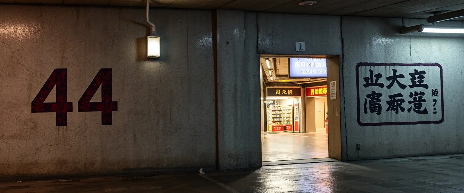 background of wall(wet textured concrete, gray, old, cracked, stained, 1 wall light) from underground parking, hong kong style, a large number "44" painted on left(old faded paint), at middle is an opening into an area with asian shops, cyberpunk, to the right of opening a faded painted rectangle containing alien language for obey