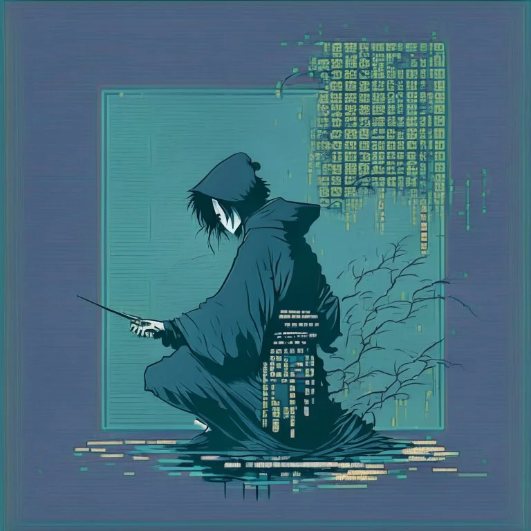 minimalistic hacker in the style of hokusai, matrix theme colors