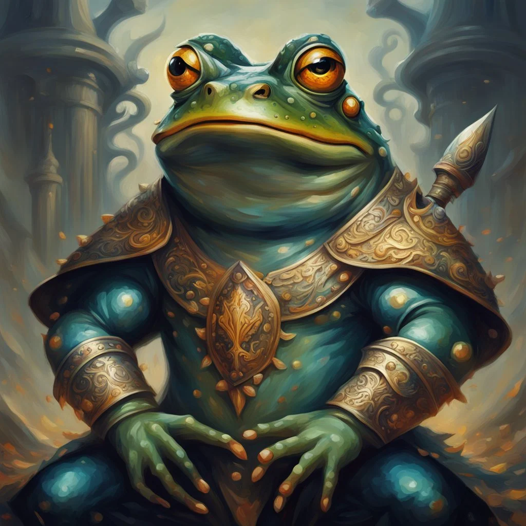 A Mighty frog whom is a determined warrior living by the code, in ornate oil painting art style