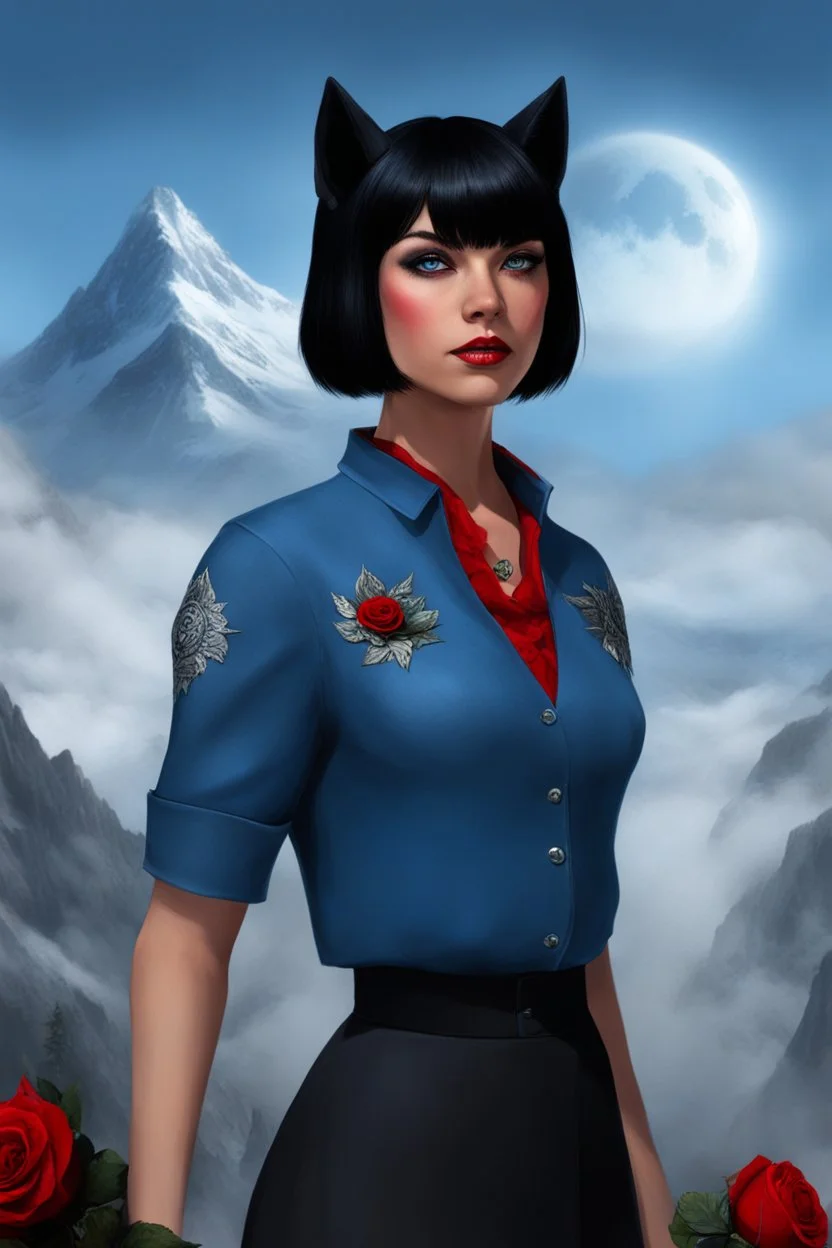 Werewolf - full body - Horror of the Planet of the Werewolves - black hair, Deep Blue Eyes - head and shoulders portrait - Lenna, part wolf, part human, short, bowl-cut, straight black hair, the bangs cut straight across the forehead, she resembles a wolf, and she resembles Spock - Mountains, blue skies, clouds, red roses, blue roses, yellow roses, honeysuckle roses, carnations, lilacs, professional quality, 32k, UHD, glossy, 1080p, Extremely high resolution Digital photograph, reality