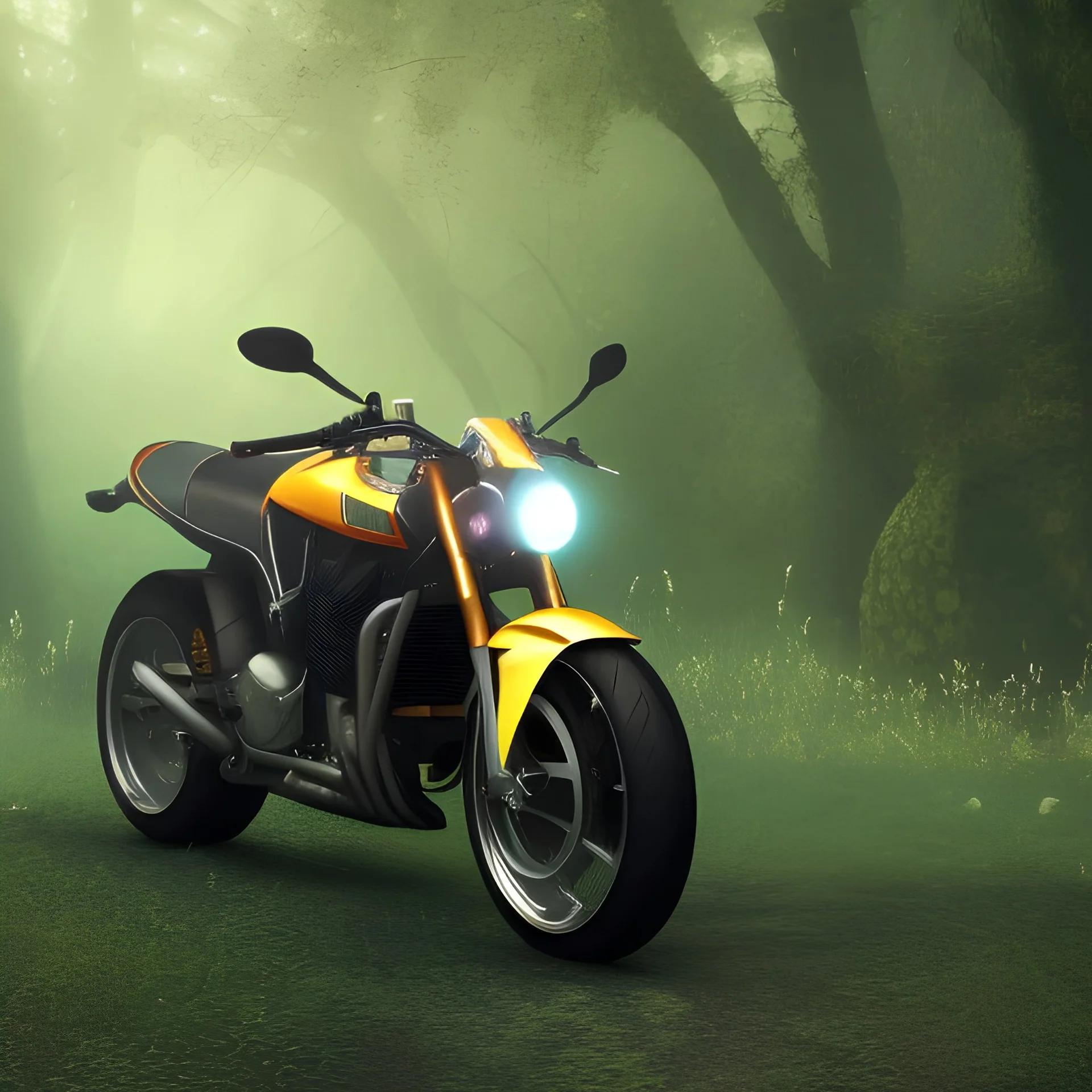 Beautiful, cool, attractive motorcycle in the magic forest, 4K, 8K