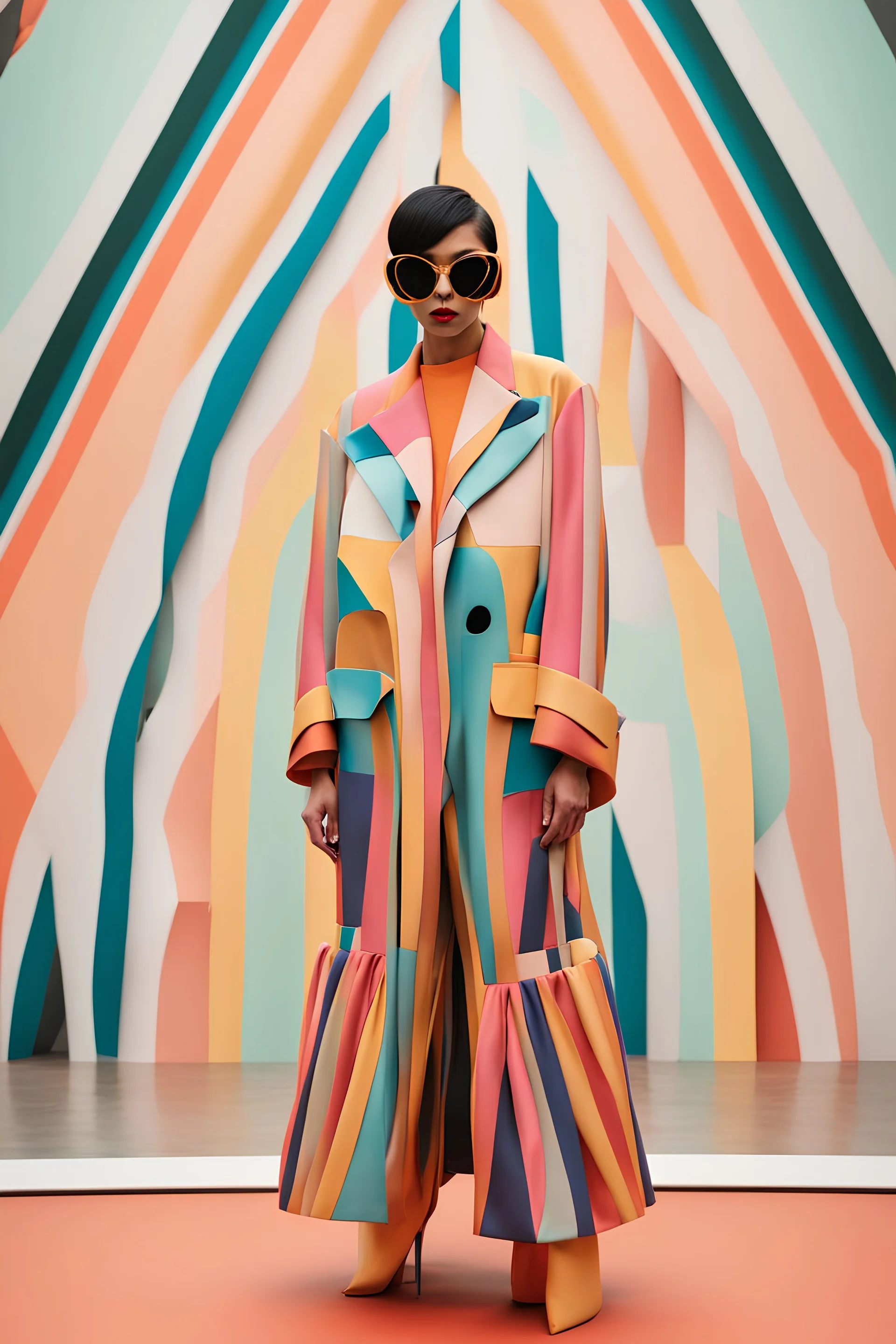 Fashion model full view in a colorful costume at milan fashion week show, in the style of retro grotesque, kawaii aesthetic, pop inspo, inspired by 50s ::9 Fashion photography, fabric print Gareth Pugh Style, oversized portraits, multi – layered, terracotta