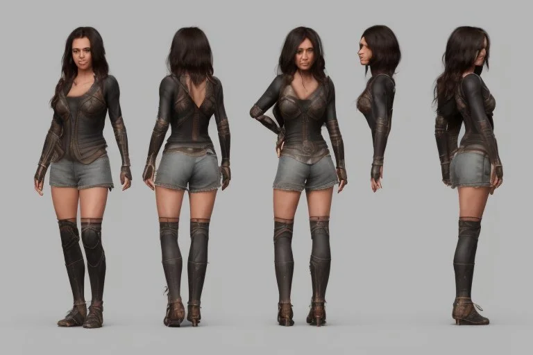 Female stylized character sheet for 3d modeling full normal anatomy correct proportion Full front view side view and back anatomy .art station 8k fair skin A short, brunette woman with cheeks, disheveled black hair, and a shaved lower lip