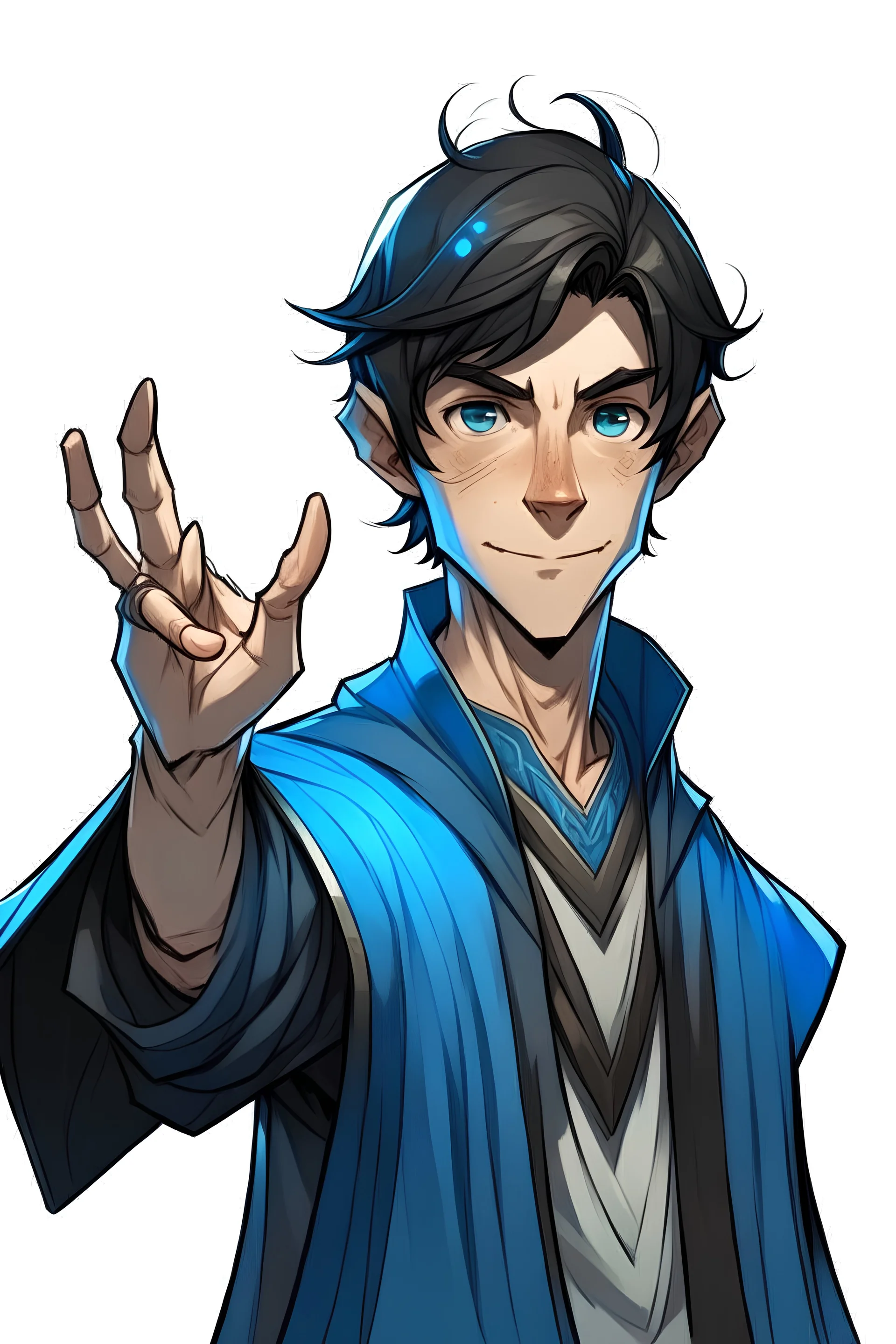 a young half elf man sea sorcerer black hair, small pointy ears and blue eyes. Pointing his finger