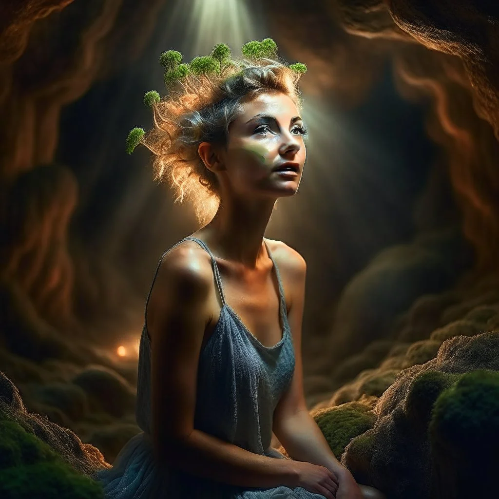 pixie in underground grove sparkling ligh dust, in the style of dali, 8k, down-light, soft light, depth of field, photo realism, trending on art station, high detail, smoke and fog