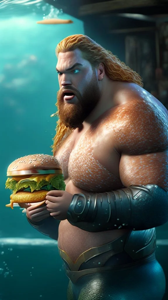 aquaman fat, eat burger, ultra realistic, 4k, ultra detail, full body