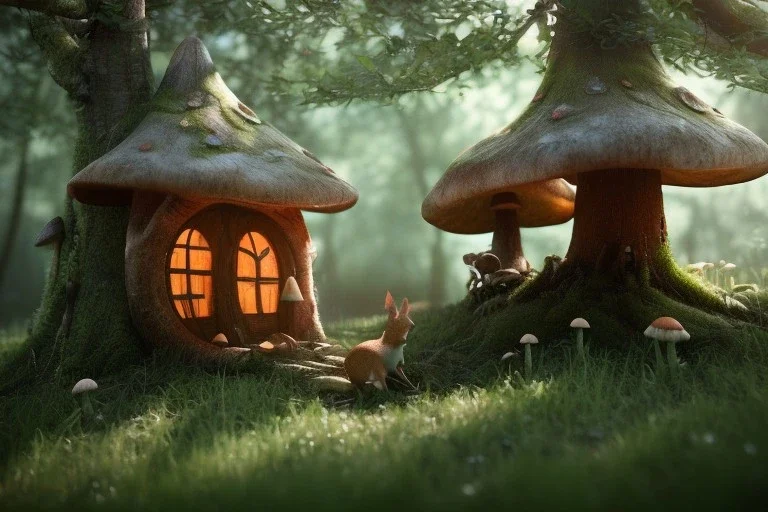 enchanted forest, fairy house, mushroom, rabbits, squirrels