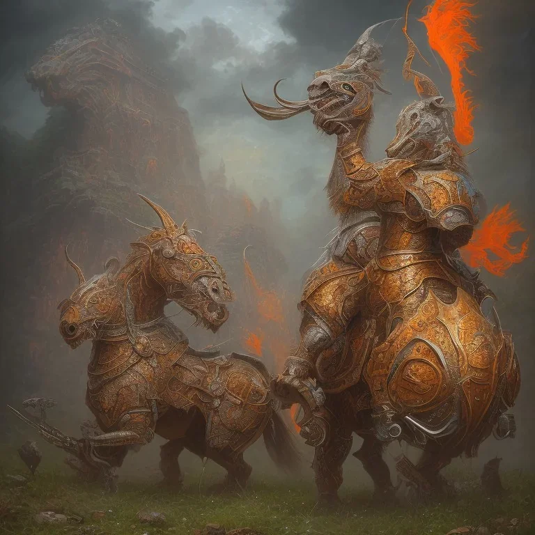 angry horse in orange and blue battle armor, bucking, a highly detailed illustration, background of Inka jungle, realistic render, 8 k, micro detail, intricate, elegant, centered, digital painting, Artstation, smooth, sharp focus, illustration, artgerm, tomasz alen kopera, peter mohrbacher, donato giancola, joseph christian leyendecker, wlop, boris vallejo