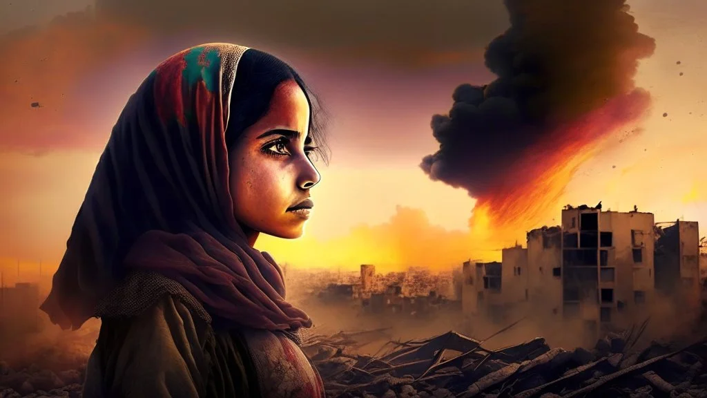 close young palestinian girl with a kuffeah. Large clouds of smoke rise from the land of gaza . With demolished buildings in the background. with sunset colors Made in the palestinian style