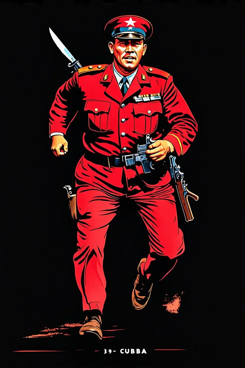 Cuban soldier(uniform and face based on racist steriotypes) running towards viewer, a knife i one hand, and a gun(barrel pointing at viewer) in the other. retro 1960's poster monochrome with white background
