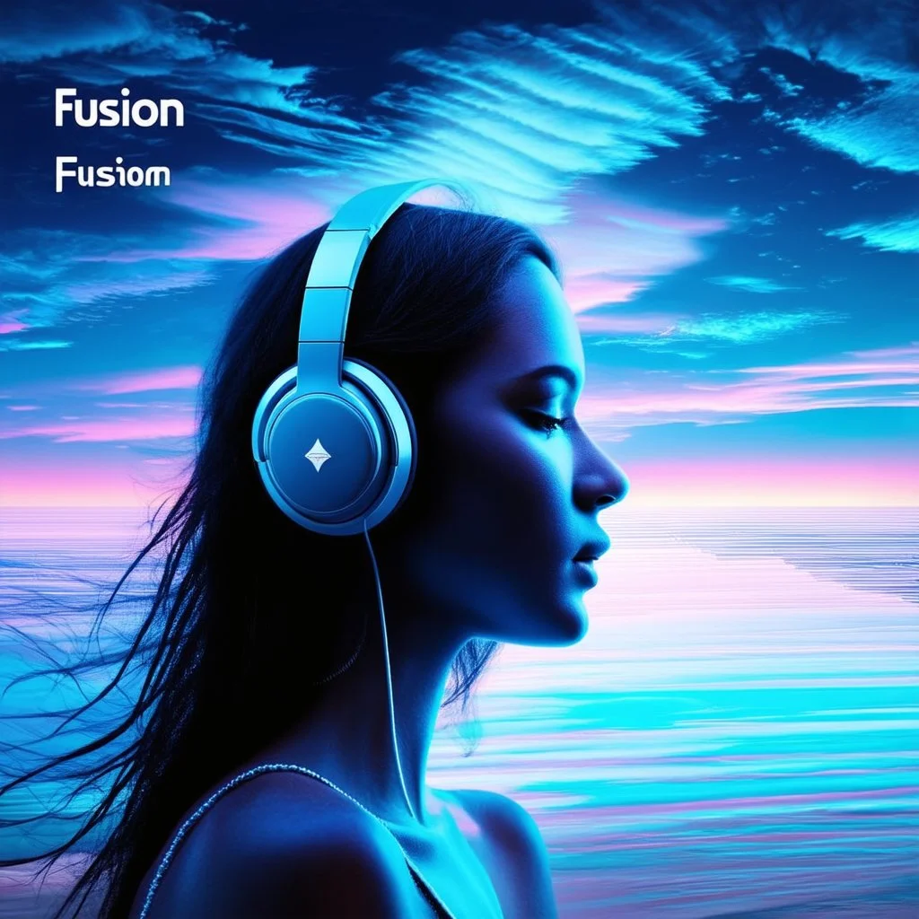 art style. piece of album art. women with headphone. fusion with light against sky background, abstract experimental style album cover, high level of noise and subtle texture, psychedelic cover, sky, clouds and lines.