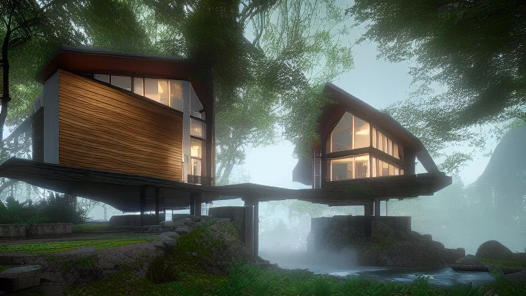 modern house by a big water falls in a karstic montain rain forest