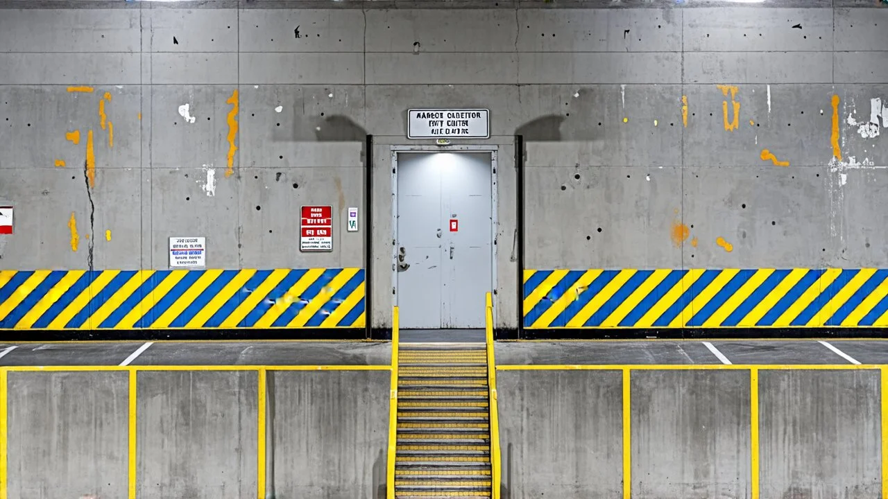 wall design for parking garage, concrete, yellow marking lines, hazard lines, weathering and water stains, in middle is a realistic steel doors to a stairway, with a sign is above. rough painted hashmarks and parking lines, add signage found in a parking garage.