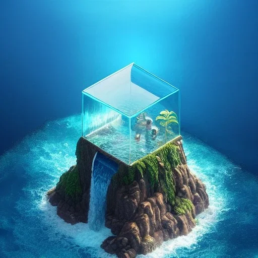 The Isometric Glass Tall Box Mini Model Little Real Island Mixed Water Fall Under Ocean Sunshine Summer Background Blue Sea, The Last Of Us / Avatar, Octane Render / ZBrush, Cinematic, IMAX Film, Nikon D750, 16K, Autostereoscopy, Anthropomorphic, Golden Ratio, Geometry, Symmetric, Depth Of Field, Highly Detailed, Ultra Realistic, Beautiful Lighting, Halfrear Lighting, Soft Light, Candoluminescence, Cast Shadow, Reflective, Glow, Translucent, Normal Map, Carbonated --testp