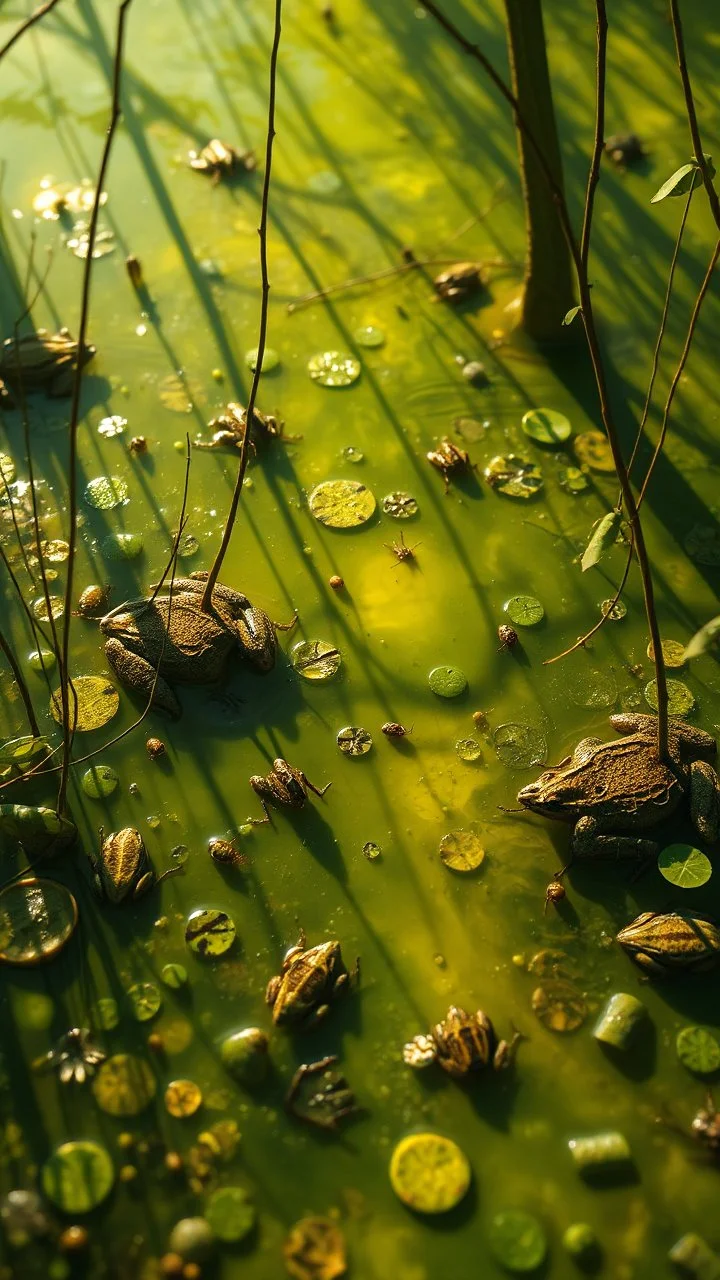 A light yellowish dark green swamp with bugs in daylight painted, frogs