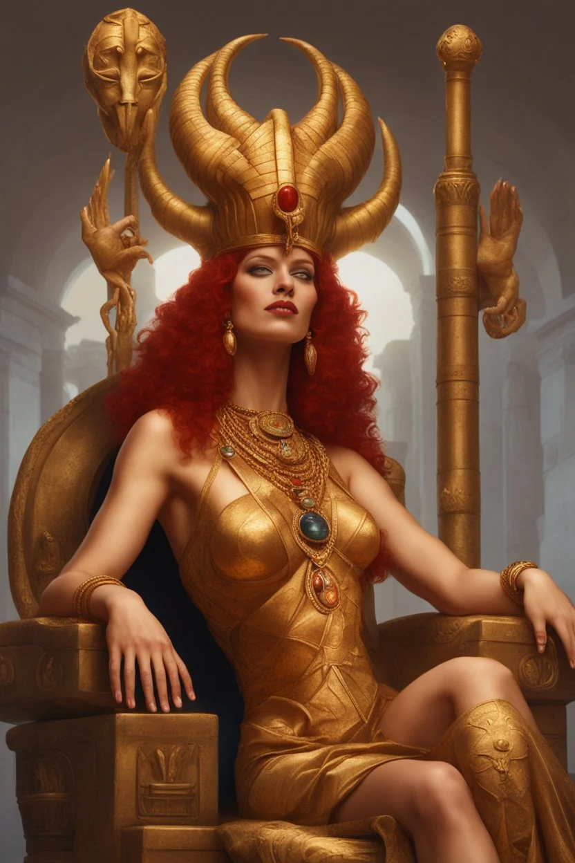 A mature Egyptian goddess with red hair and amber eyes, wearing a red silk gown and a necklace of scarabs. She is sitting on a throne made of gold, carved with the head of a wise and ancient dragon