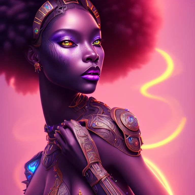 sango fantasy, fantasy magic, intricate, sharp focus, illustration, highly detailed, digital painting, concept art, matte, masterpiece head sexy lady body black African beauty space lady black leopard skin one head African afro sun, neon color scheme, high key lighting, volumetric light high details psychedelic background