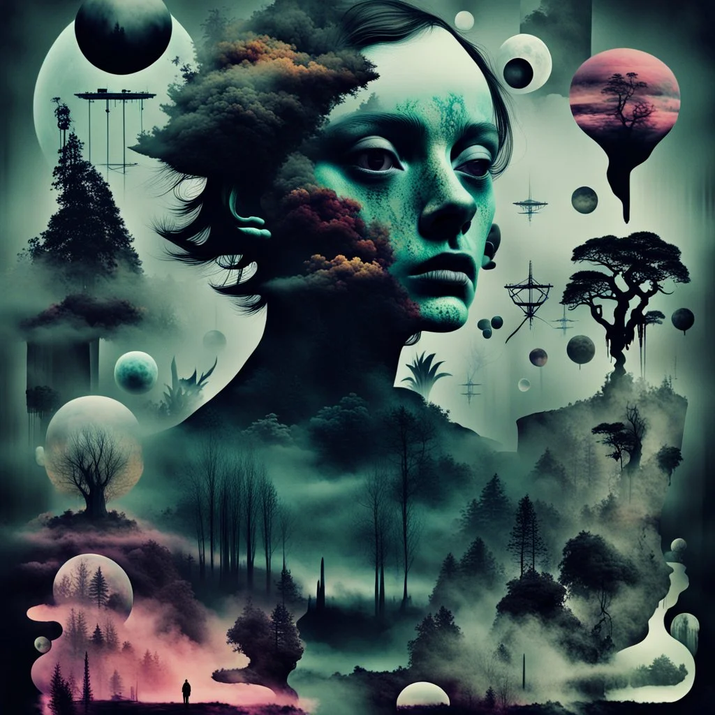 digital collage of various images and elements, such as animals faces, shadows, planets, fog, abstract symbols, mist, plants, maps, weird things, poison. The collage is composed of distorted and glitched shapes and layers, creating a sense of confusion and horror. Deep, dark colors, surreal mood, The images and elements are related to the themes of surrealism, paranoia, thriller and conspiracy, nightmare.