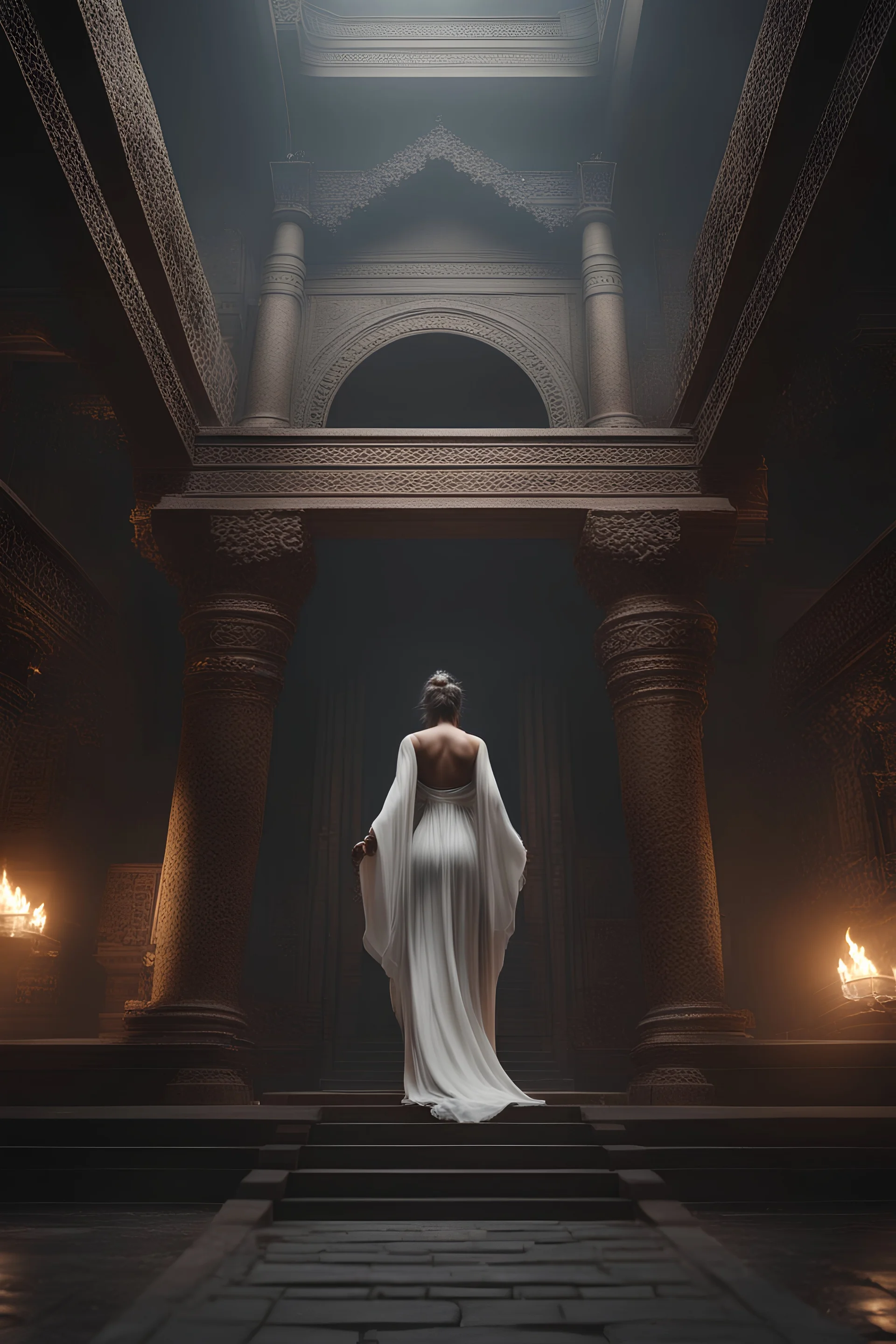 the goddess of death walking in her temple. smoking hair. volumetric fog, Hyperrealism, breathtaking, ultra realistic, unreal engine, ultra detailed, , cinematic lighting, highly detailed, breathtaking, stunning temple environment