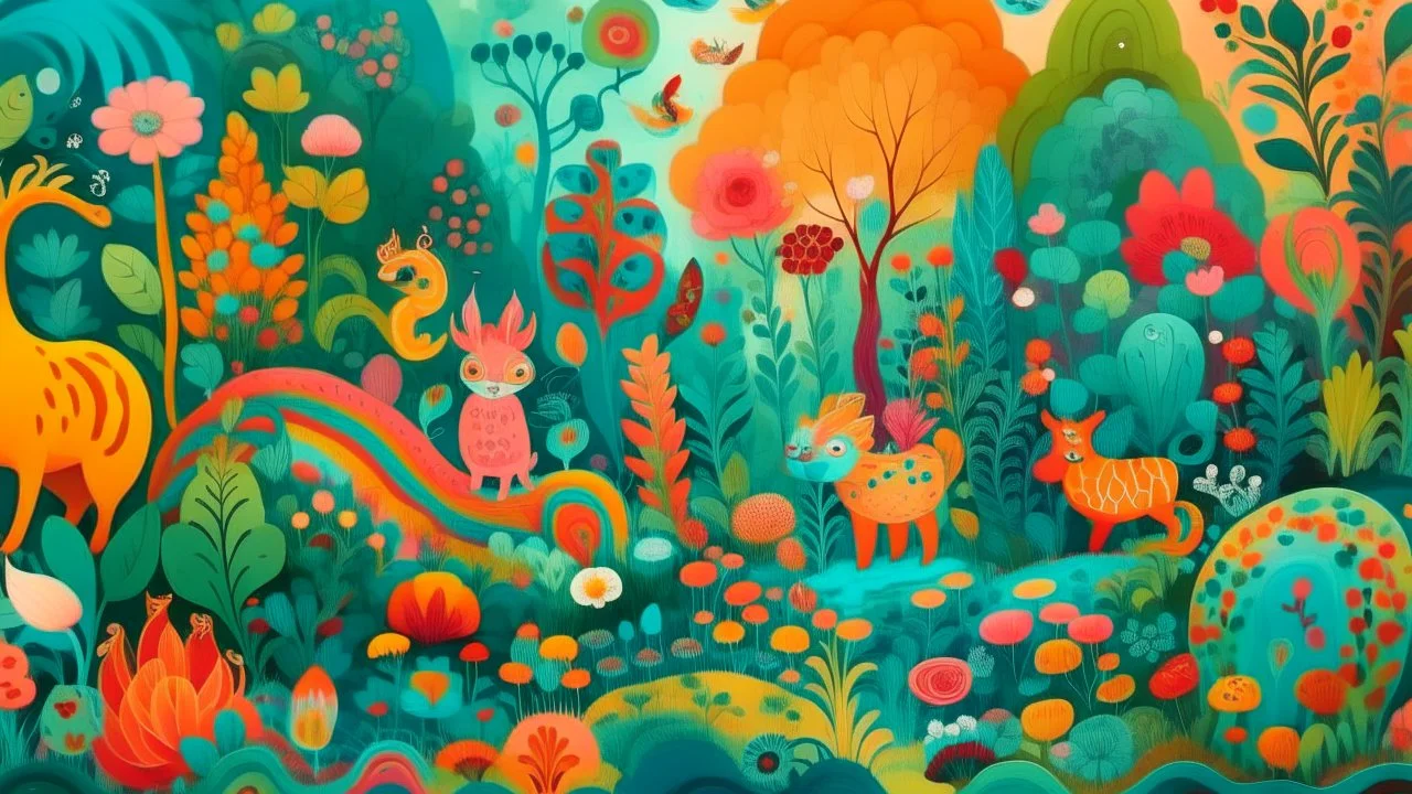 Colorful and childlike brush strokes, a whimsical garden scene filled with oversized flowers and animals, with a touch of surrealism and fantasy