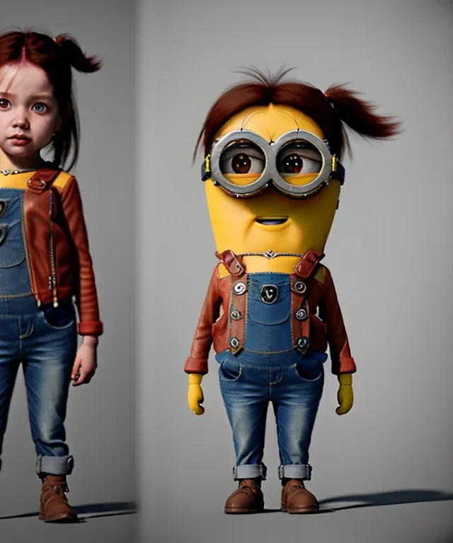 Female Minion toddler, steampunk, full body, red hair, leather jacket, dramatic lighting, hyper realistic