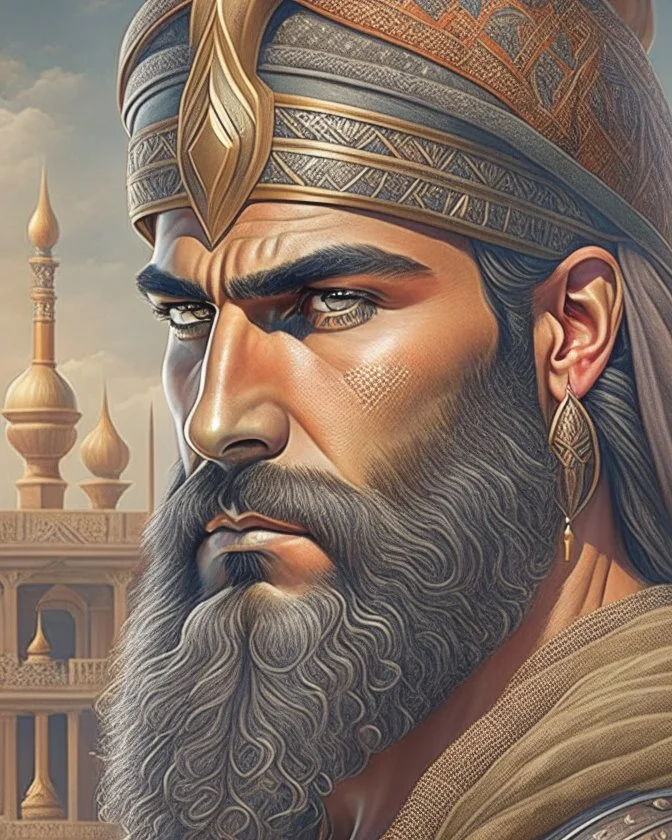 Mesopotamian warrior, expression serious, aura, portrait, background Mesopotamian city, comic style, long beard,